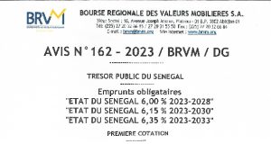 La première cotation de trois emprunts obligataires de l’Etat du Sénégal émis en août 2023.